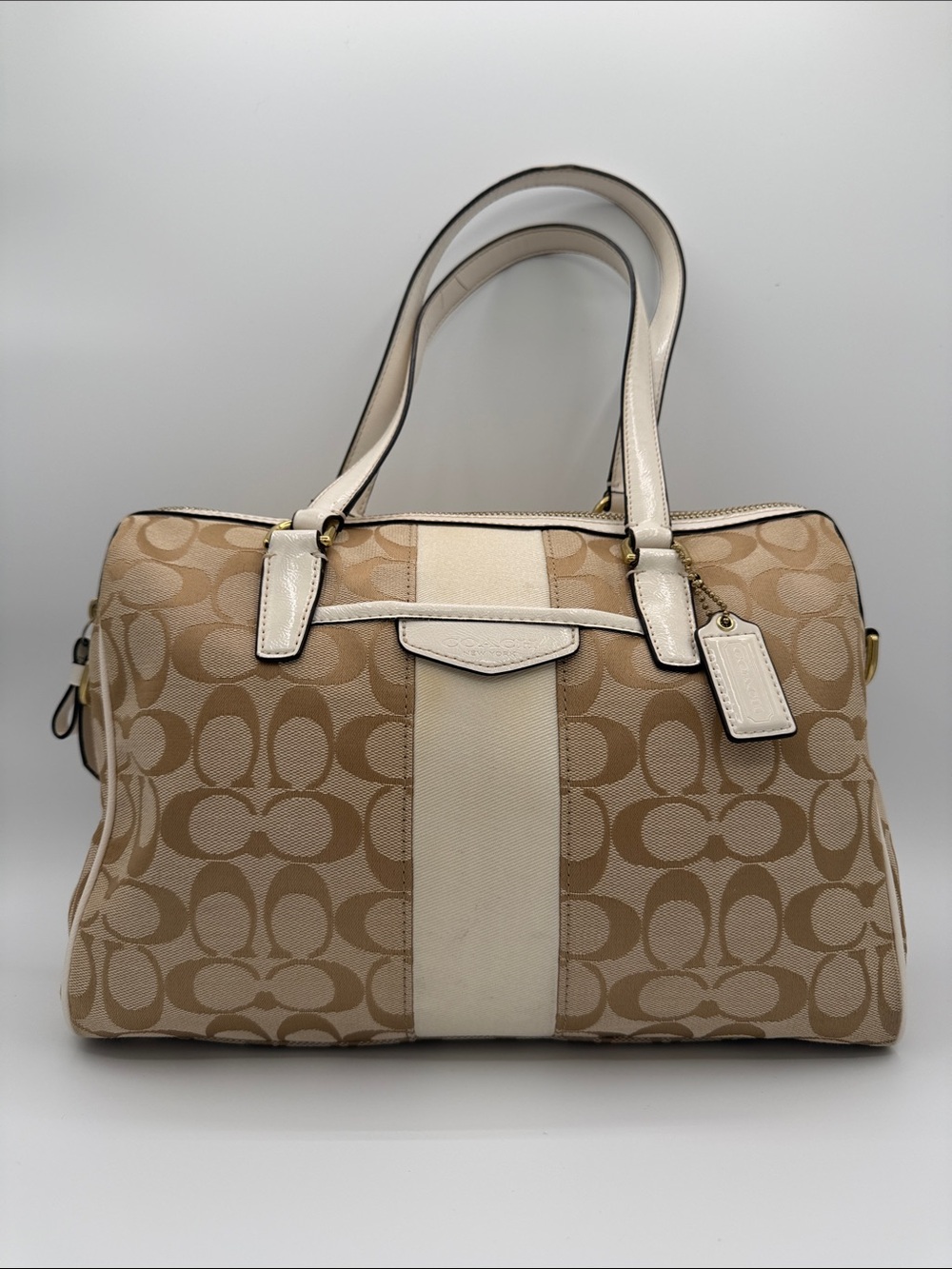 Coach Khaki and Chalk Signature Stripe Satchel Crossbody